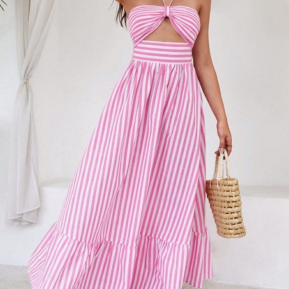Pink Boho Womens Striped Print Cut Out Ruffle Hem Halter Neck Dress - Picture 5 of 5